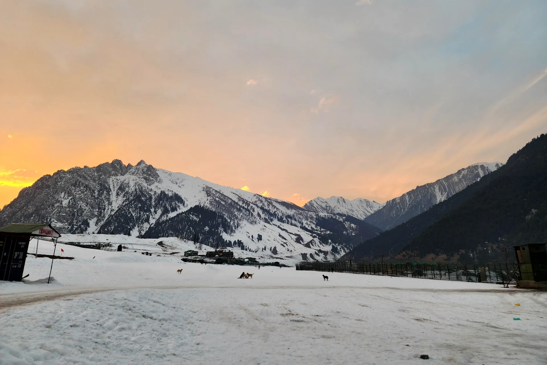 Sonmarg under snow at sunset, above the Sindh valley