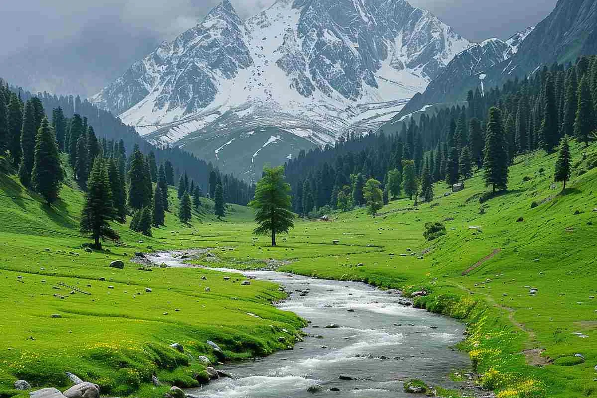 Yusmarg meadow with a stream below snow-capped peaks